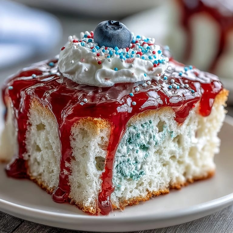 Festive red and blue gelatin poke cake topped with creamy whipped topping, perfect for Memorial Day celebrations and summer gatherings.  