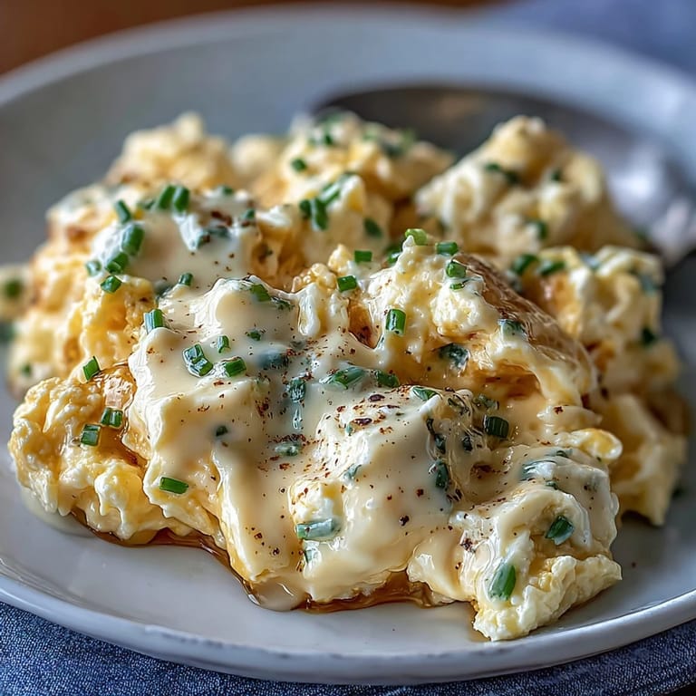 High-protein cottage cheese scrambled eggs cooked to perfection, served with a sprinkle of green onions.