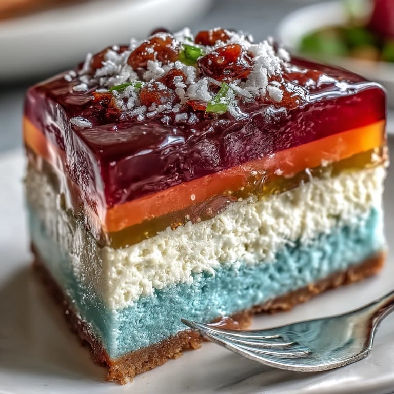 Silky coconut cream crowns a stunning agar-agar jelly cake, with red, orange, yellow, green, blue, and purple layers in a show-stopping, gluten-free treat.