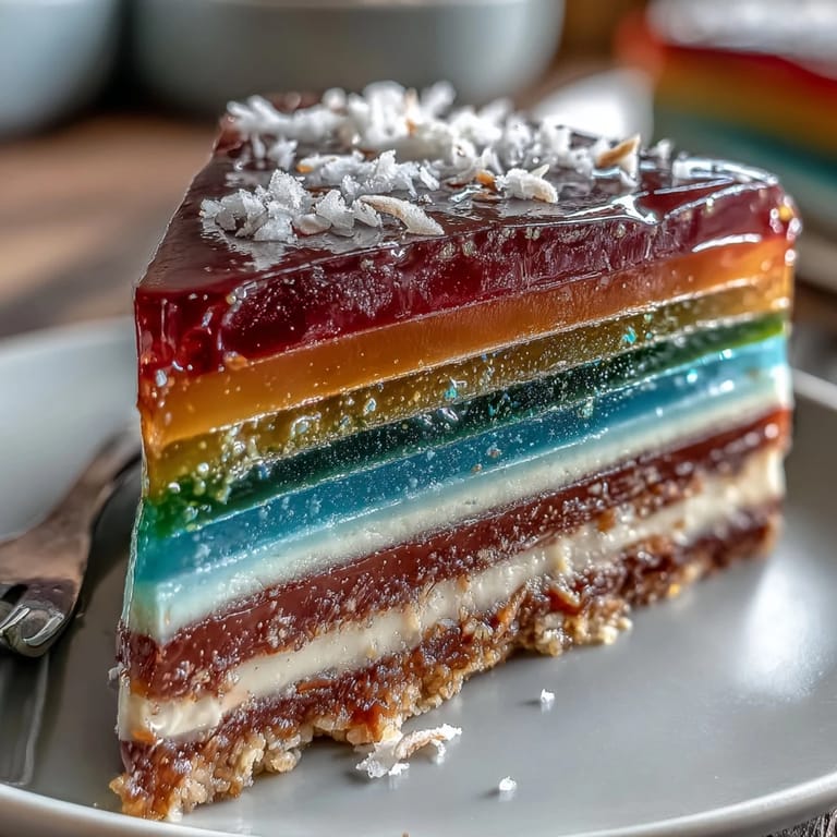 Layered agar-agar jelly cake in rainbow colors, topped with rich coconut cream, offering a naturally dairy-free and vegetarian dessert with tropical flair.