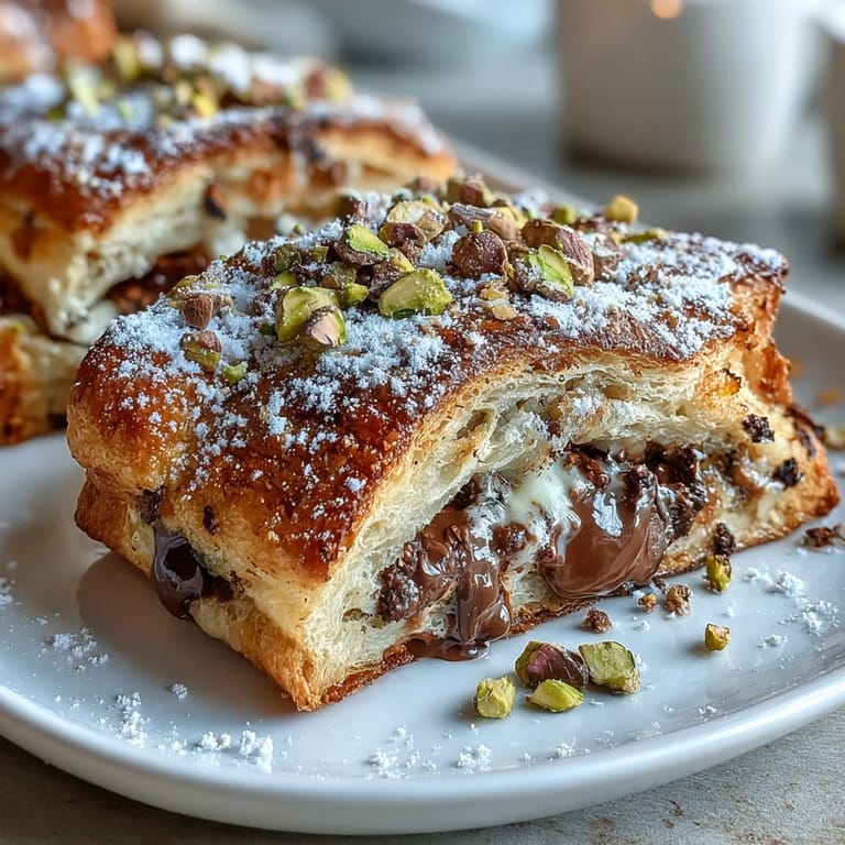 Buttery croissants soaked in creamy vanilla custard, filled with melted chocolate, and garnished with pistachios for an indulgent Dubai-inspired French toast.