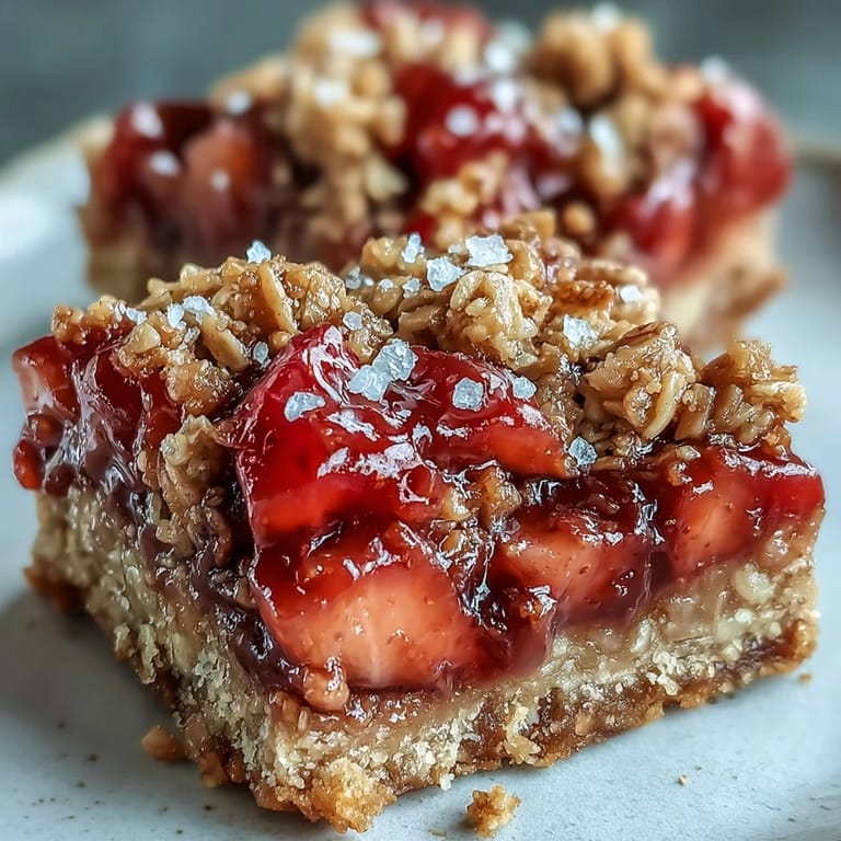 Buttery crumble bars layered with sweet strawberries and tangy rhubarb, baked until golden and bubbling with irresistible aroma.