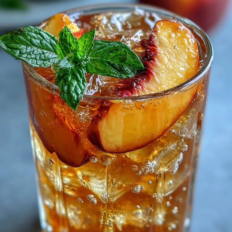 Cold-brewed green tea blended with fresh peach syrup and zesty lemonade, garnished with peach slices and mint.  