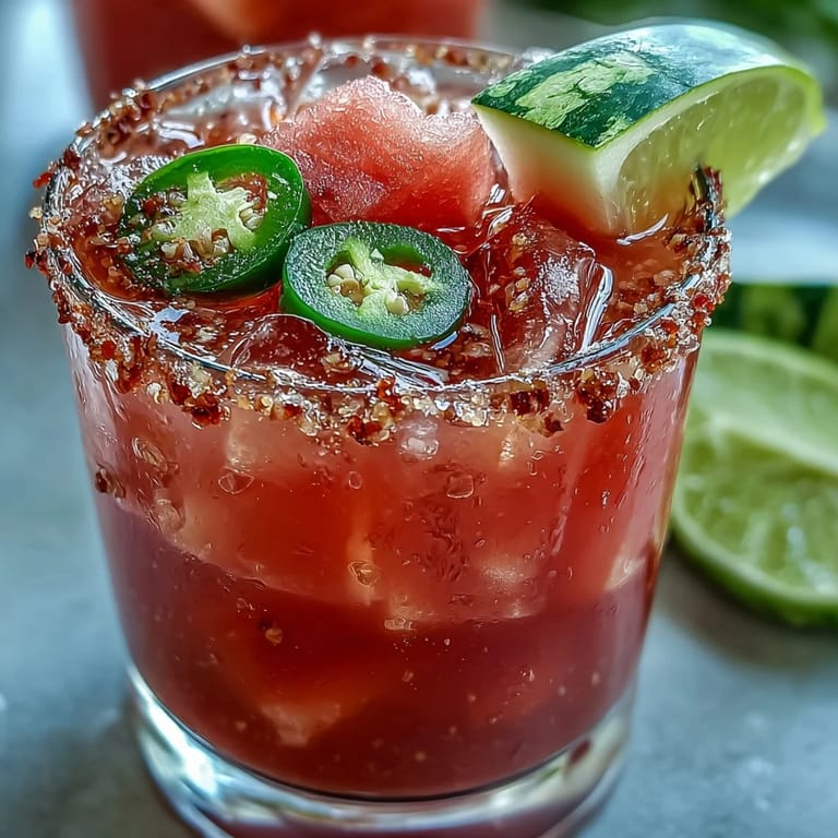 Serve this easy Cinco de Mayo Watermelon Jalapeño Margarita Mocktail over ice with a salted rim and watermelon garnish.