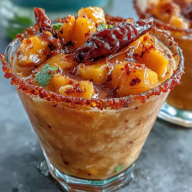 Vibrant frozen mango drink layered with tangy chamoy, fresh mango chunks, and spicy-sweet Tajín