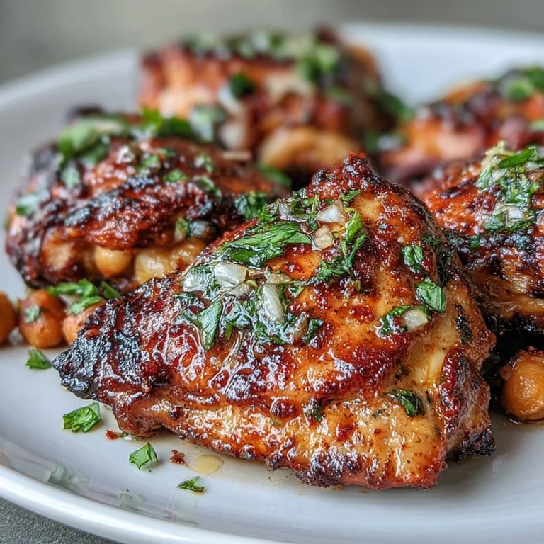 Golden-skinned harissa chicken nestled among roasted red peppers, zucchini, and chickpeas, garnished with fresh herbs.  