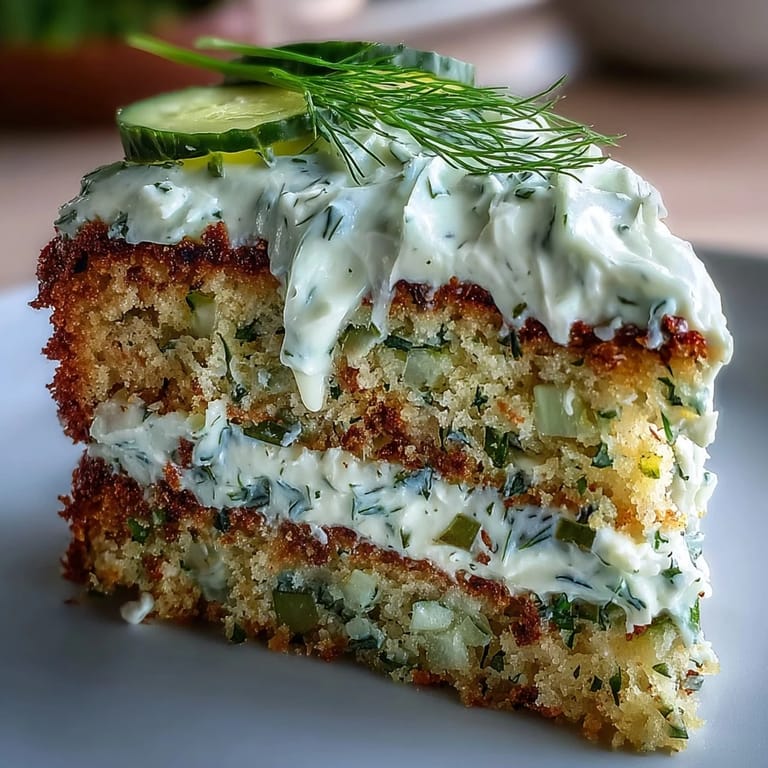 Moist Pickle Cake layers reveal tangy dill frosting, a delightful savory delight.