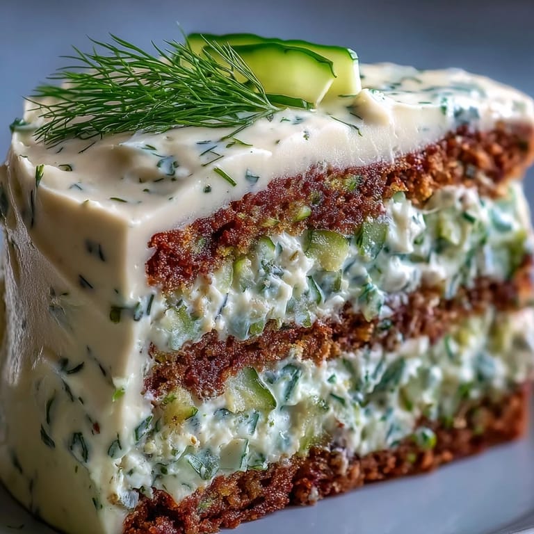 Dill cream frosted Pickle Cake garnished with pickles, perfect party centerpiece.