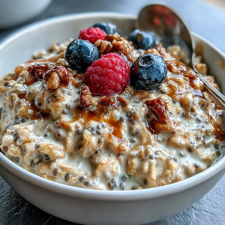 Wholesome High Fiber Overnight Oats with luscious chia, flax, and fresh berries.