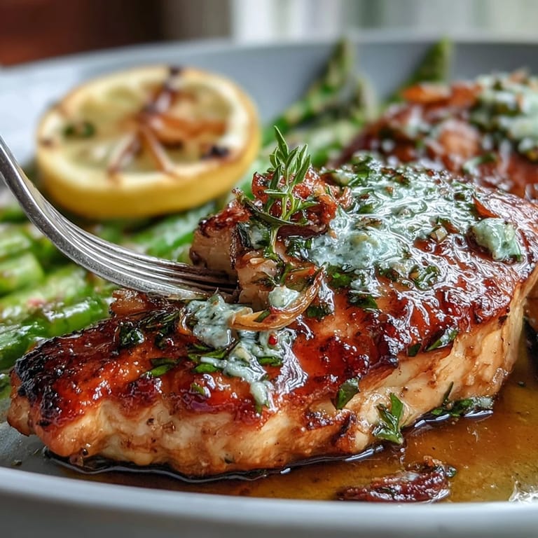 Juicy chicken and tender asparagus glistening with lemon-herb marinade on one pan.