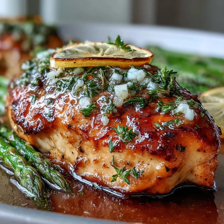 Easy One-Pan Lemon Herb Chicken and Asparagus ready to be served with lemon slices.