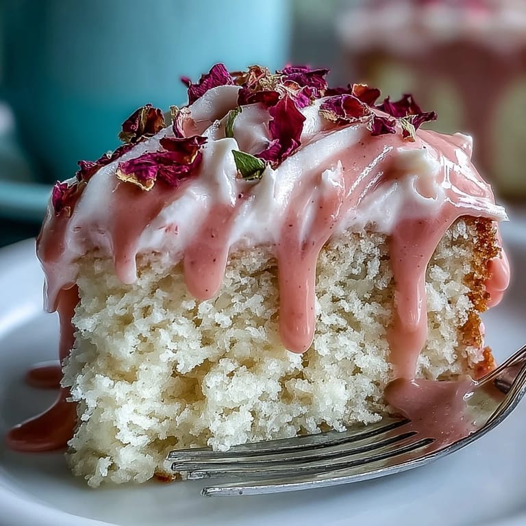 A festive slice of Bridal Shower Rosé Velvet Cake, ready for celebration with a golden drizzle.