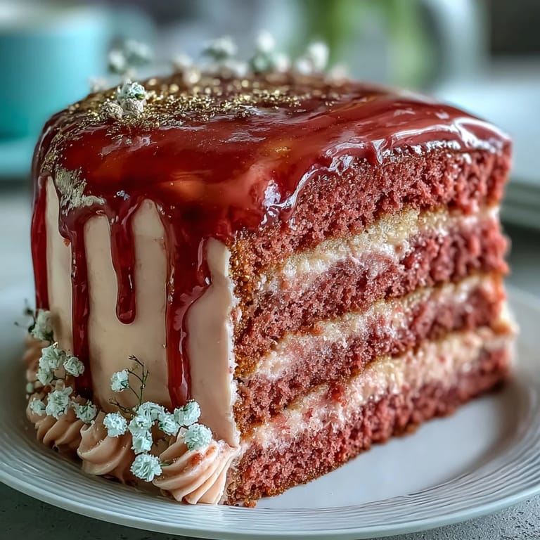 Decadent rosé velvet cake, perfect for celebrations, with cascading gold drip.