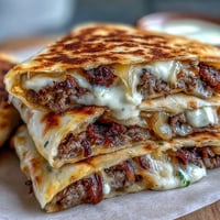 Golden-brown Cheesy Griddled Smashburger Quesadillas are sliced into wedges, revealing melted cheddar and American cheese over thin beef patties with grilled onions.