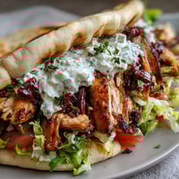 Juicy, charred Mediterranean Chicken Gyros with Creamy Feta Tzatziki stuffed into warm pita bread.