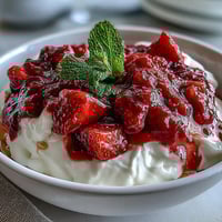Strawberry compote drizzled over Greek yogurt, garnished with mint leaves and a honey swirl.  