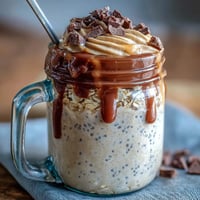 Vanilla Bean Frappuccino Overnight Oats Jar with creamy vanilla and coffee layers, topped with whipped cream and chocolate chips for a breakfast treat.