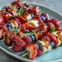 Patriotic red white and blue fruit skewers with strawberries, bananas, and blueberries on wooden sticks.