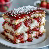 A beautiful layered crepe cake with fresh strawberries and vanilla cream, perfect for a Mother's Day brunch centerpiece.