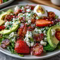 Spring Cobb Salad with Strawberries and Avocado, bursting with juicy berries, creamy avocado, and crisp veggies, drizzled with tangy balsamic dressing.