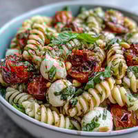 A colorful Caprese pasta salad with cherry tomatoes, mozzarella, and fresh basil in a vibrant summer bowl.