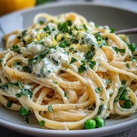 Creamy ricotta and lemon linguine with peas in a bright, zesty pasta dish with fresh herbs and Parmesan cheese.