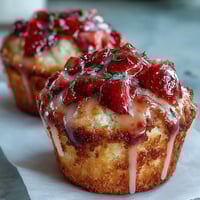 Strawberry lemon muffins with glaze: golden, fluffy treats studded with fresh berries and drizzled with bright citrus icing.