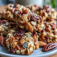 Homemade granola clusters with hearty oats, crunchy nuts, and golden honey, baked to perfection for a satisfying snack or breakfast.