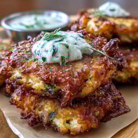 Crispy zucchini fritters with feta, served with a refreshing yogurt mint dipping sauce for a Mediterranean appetizer.  