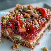 Strawberry Rhubarb Crumble Bars with golden oat topping and juicy fruit filling, perfect for spring picnics and summer parties.