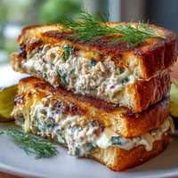 Crispy Tuna Melt with gooey melted cheese and tangy pickles on golden buttered bread.  