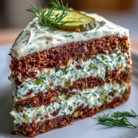 Savory Pickle Cake with dill frosting, a unique appetizer with tangy, creamy layers.