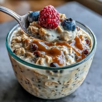 Creamy High Fiber Overnight Oats with Chia, Flax, and Berries.